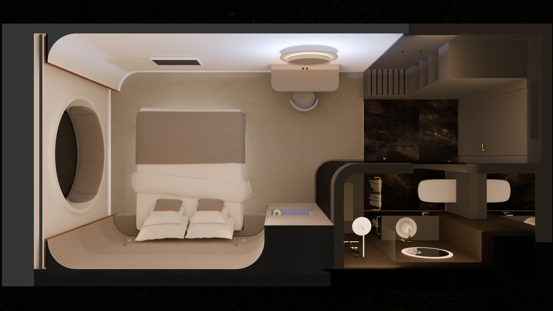 After testing different spatial constellations, we placed the Light Side of the Moon in the main room, while the entrance area with the bar and boudoir became the Dark Side of the Moon.