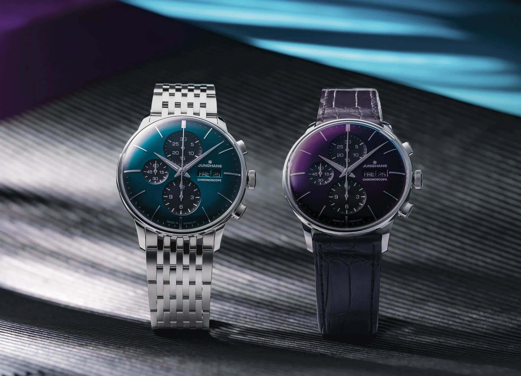 JUNGHANS INTRODUCES TWO LIMITED EDITIONS OF THE MEISTER CHRONOSCOPE IN THE COMPELLING COLOUR TONES PETROL AND VIOLET