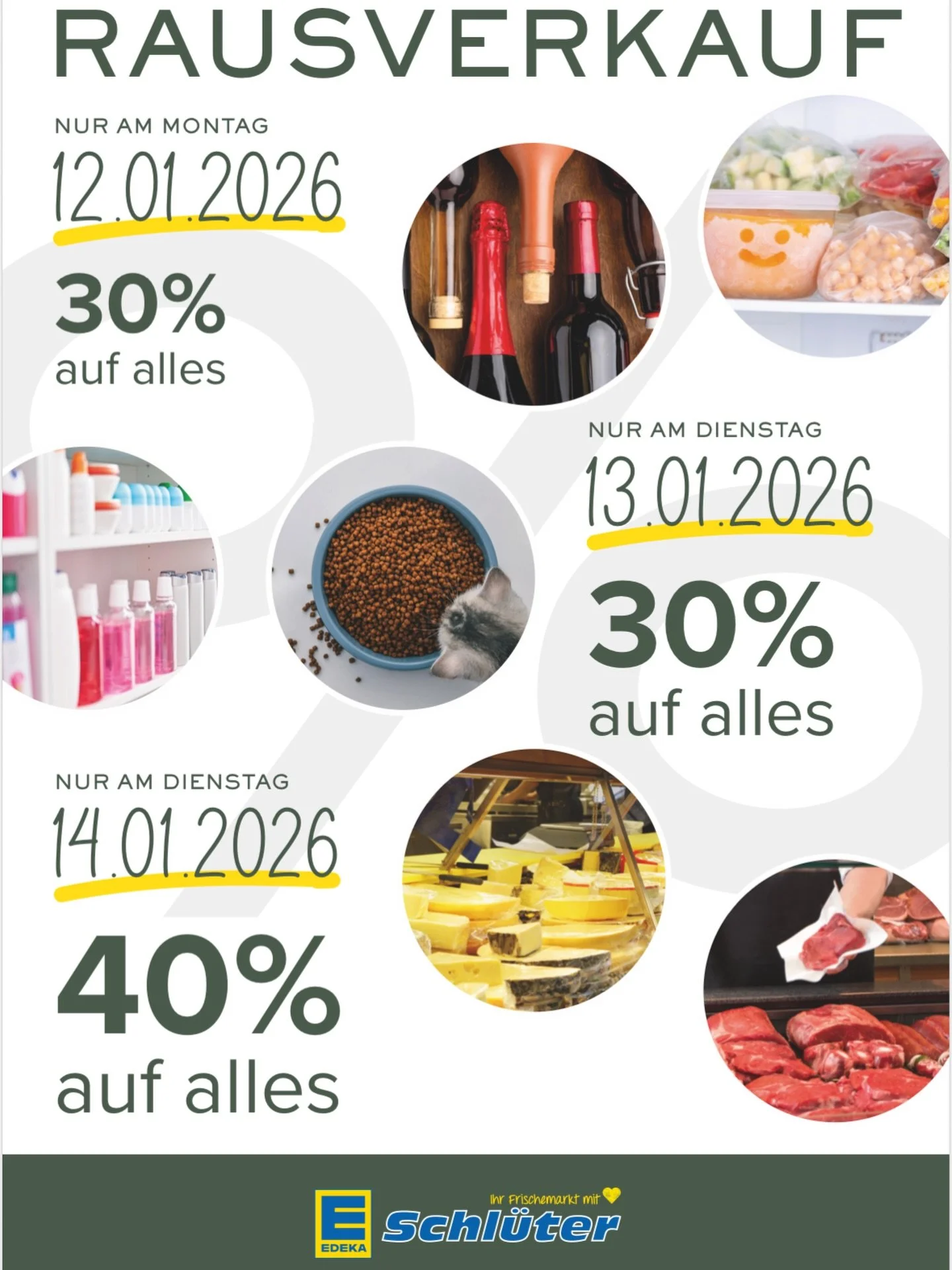 ‼️Schl&uuml;ters Schlussverkauf ‼️
Eine &Auml;ra geht zu Ende.
Und wir hauen nochmal richtig drauf. 

Montag 30% auf Alles.
Dienstag 30% auf Alles. 
Mittwoch 40% auf Alles. 

Nur solange der Vorrat reicht. 

🚨Ausgenommen: bereits reduzierte Waren, P