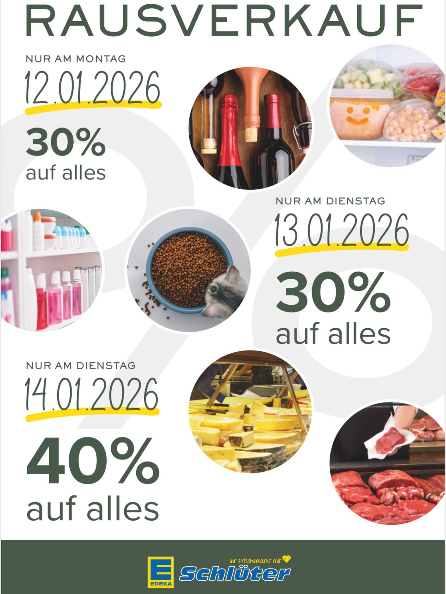 ‼️Schl&uuml;ters Schlussverkauf ‼️
Eine &Auml;ra geht zu Ende.
Und wir hauen nochmal richtig drauf. 

Montag 30% auf Alles.
Dienstag 30% auf Alles. 
Mittwoch 40% auf Alles. 

Nur solange der Vorrat reicht. 

🚨Ausgenommen: bereits reduzierte Waren, P