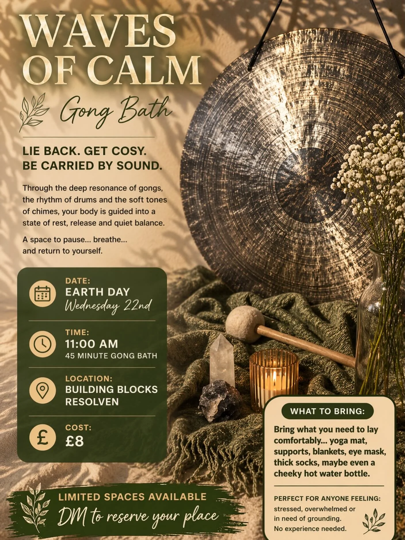 G O N G  B A T H  I N F O

Feeling overwhelmed&hellip; or like your brain just won&rsquo;t switch off?

Come and lie down &mdash; no talking, no effort, nothing to do &mdash; just get cosy and and let the sound do the work 🌀

Two upcoming sessions:
