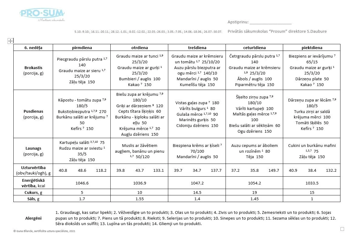 Weekly meal plan for a preschool, showing breakfast, lunch, and snack options with ingredients and calorie counts for each day from Monday to Friday.