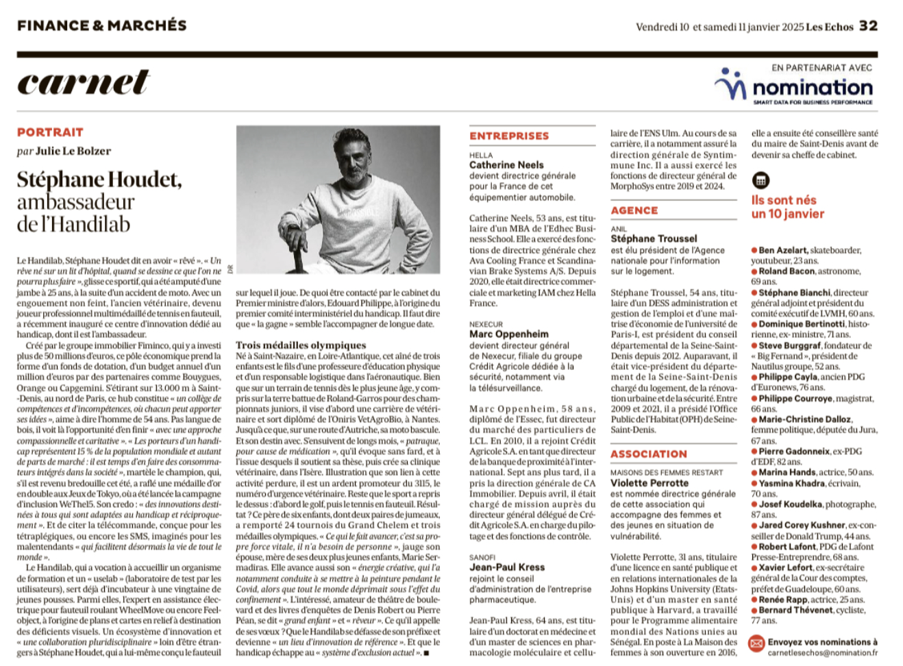 Page de journal avec article et photo d'un homme en portrait