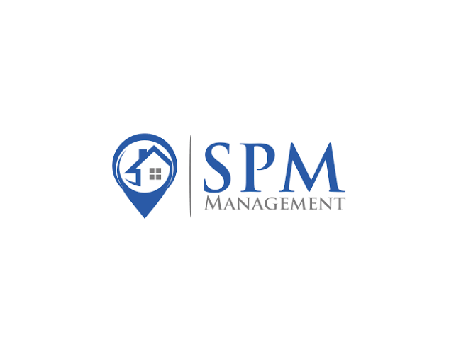 Logo for SPM Management featuring a house within a location pin and the company name.
