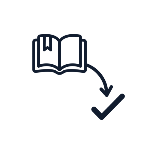An open book with a checkmark and arrow pointing downward.