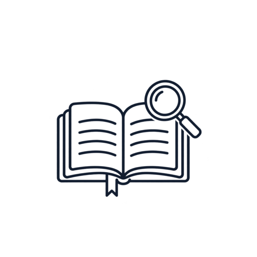 Open book with a magnifying glass symbol, representing research or investigation.