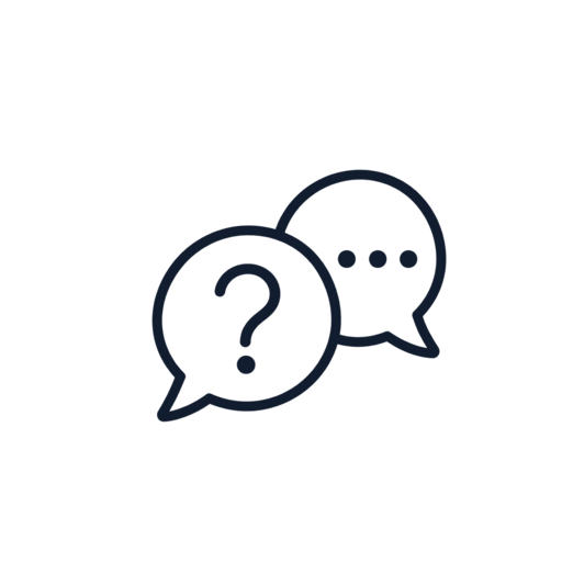 Two speech bubbles, one with a question mark and the other with three dots, representing a conversation or inquiry.