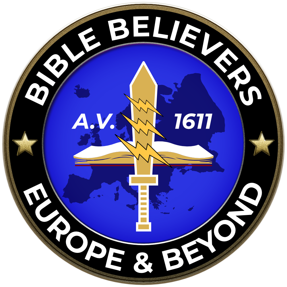 Emblem with word 'BIBLE BELIEVERS's at the top and 'EUROPE & BEYOND' at the bottom. Features a blue map of Europe with a gold sword and a book with a lightning bolt across it. Contains the letters 'A.V.' and the year '1611'.