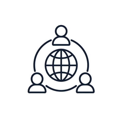 Icon of three people connected around a globe, representing global communication or networking.