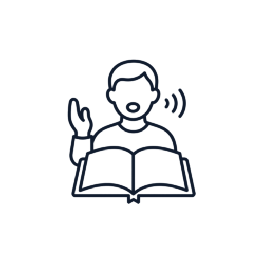 Line drawing of a person reading a book, with one hand raised and talking.