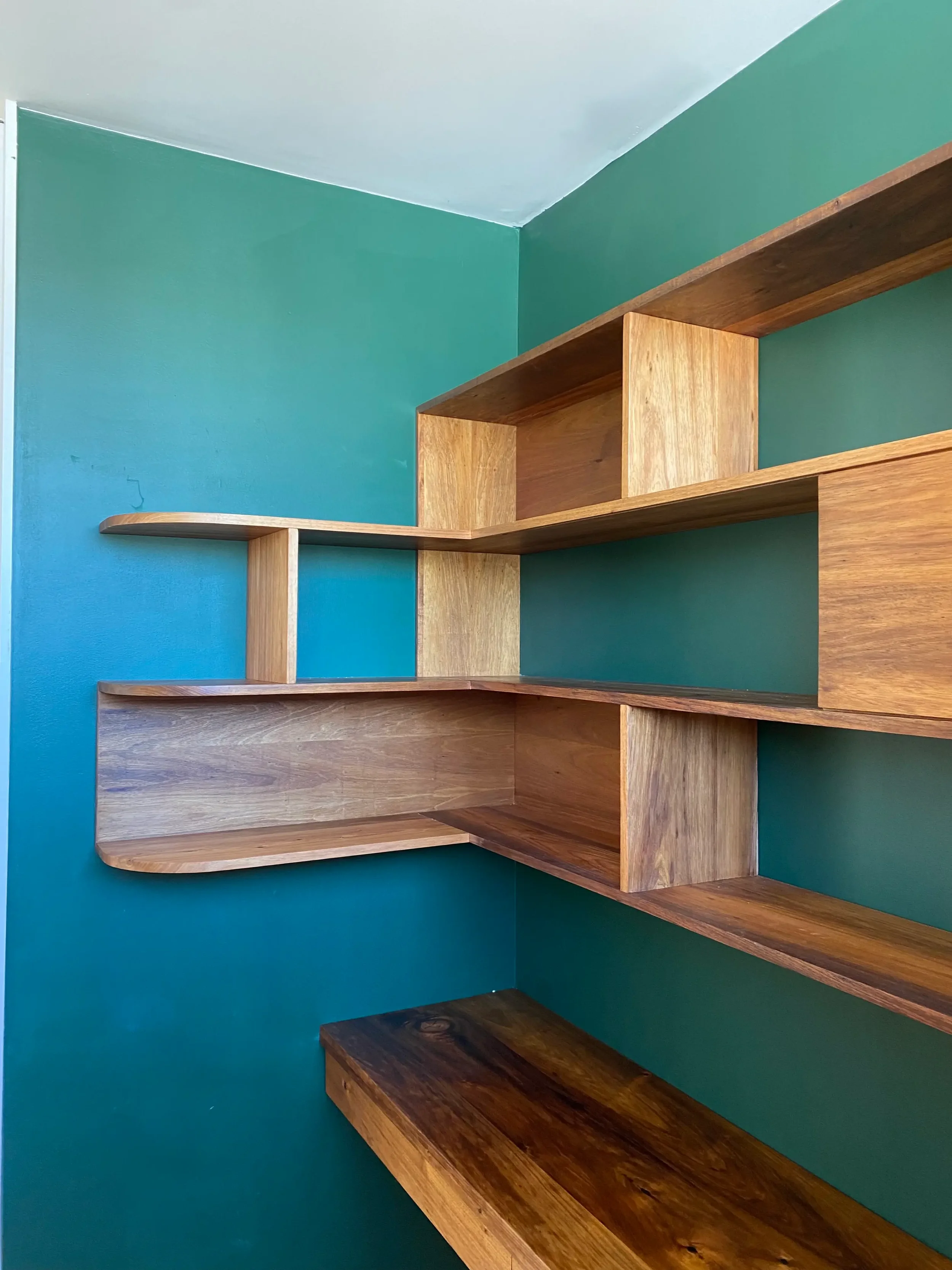 Custom blackwood study desk and shelving for a client in Carlton, Victoria. Hand made on the Surf Coast by Georgie Wood. 