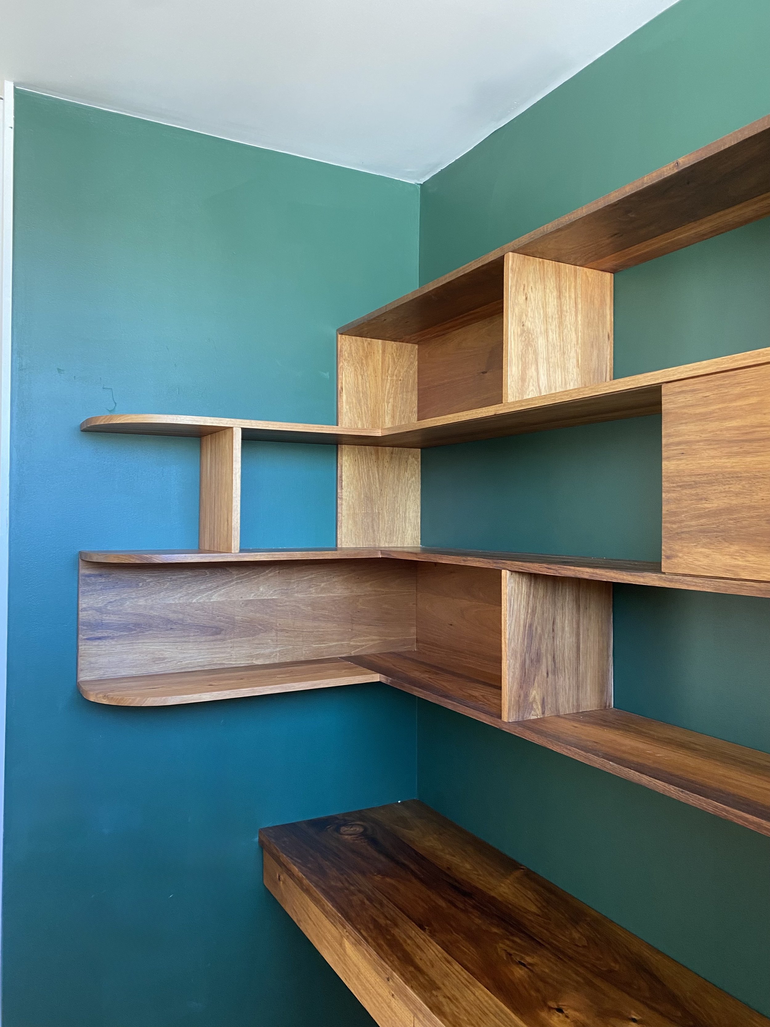 Custom blackwood study desk and shelving for a client in Carlton, Victoria. Hand made on the Surf Coast by Georgie Wood. 
