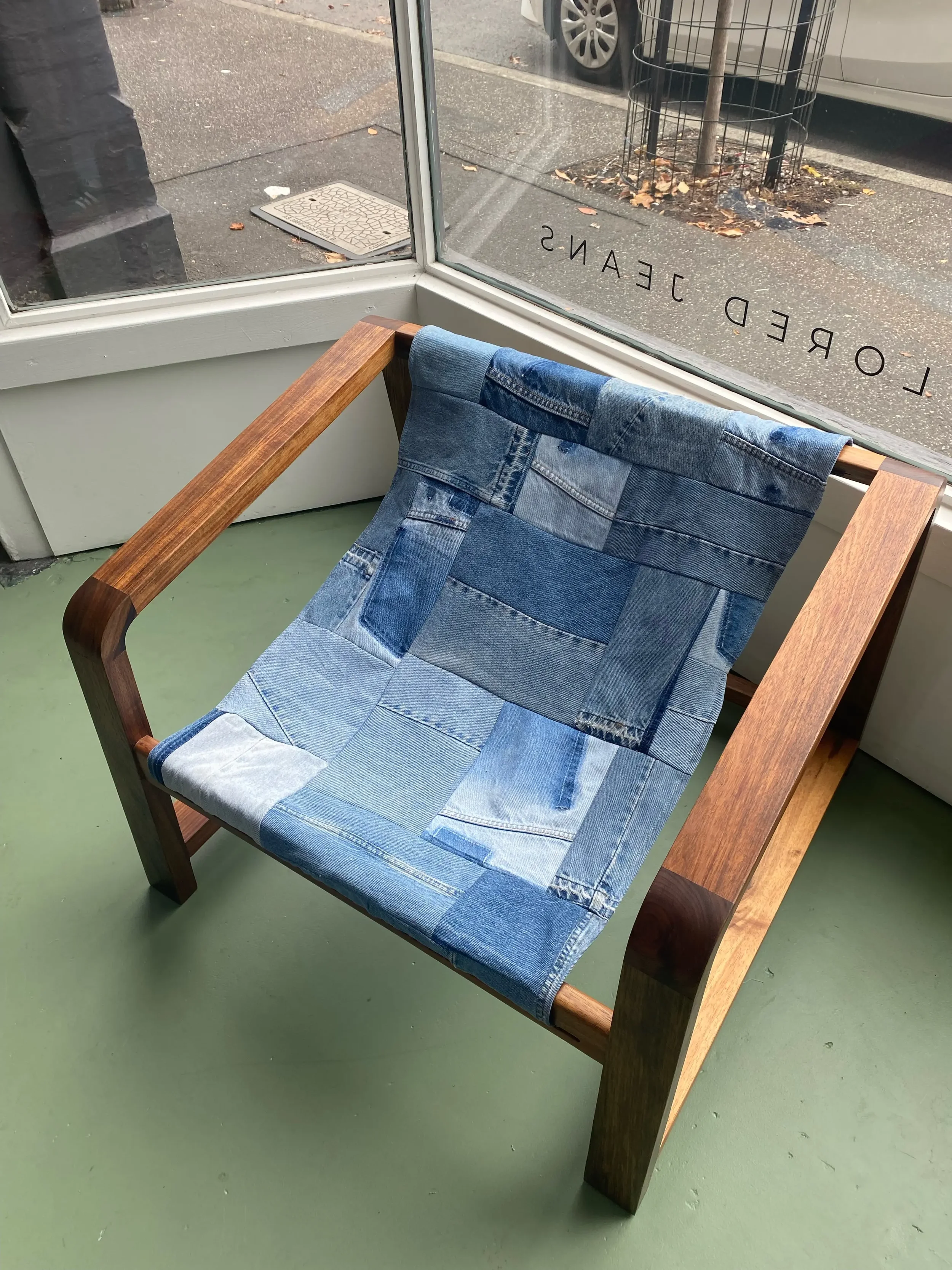 The Wrangler Chair original featuring rich Australian Blackwood with an upcycled blue denim sling. Designed and hand made by Georgie Wood. Denim sling made by Scout for Vintage and can be found in Scout for Vintage Fitzroy, Melbourne