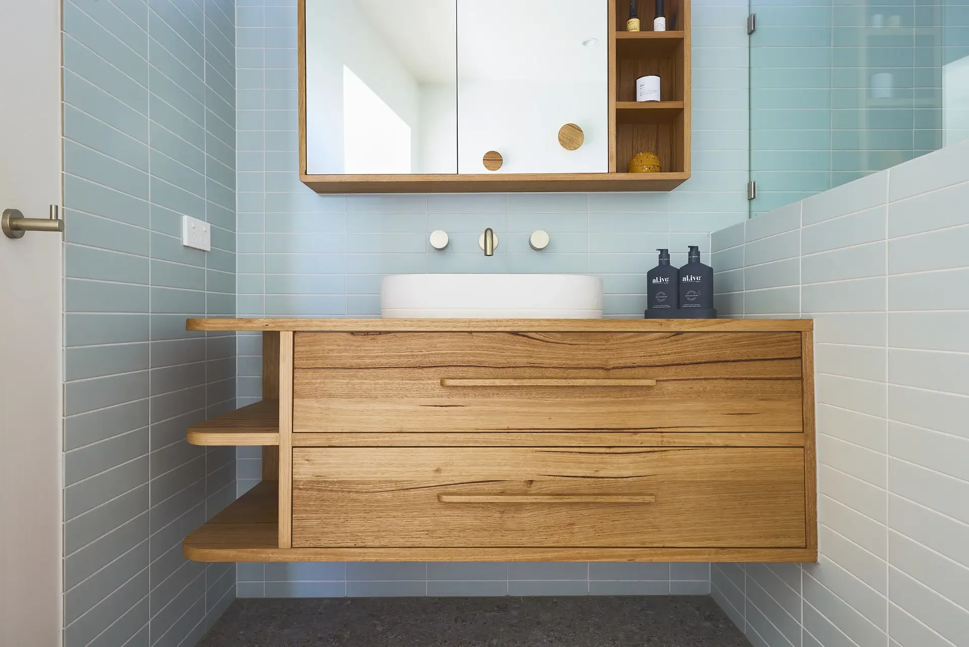 Custom bathroom vanity & shaving cabinet made from recycled messmate timber