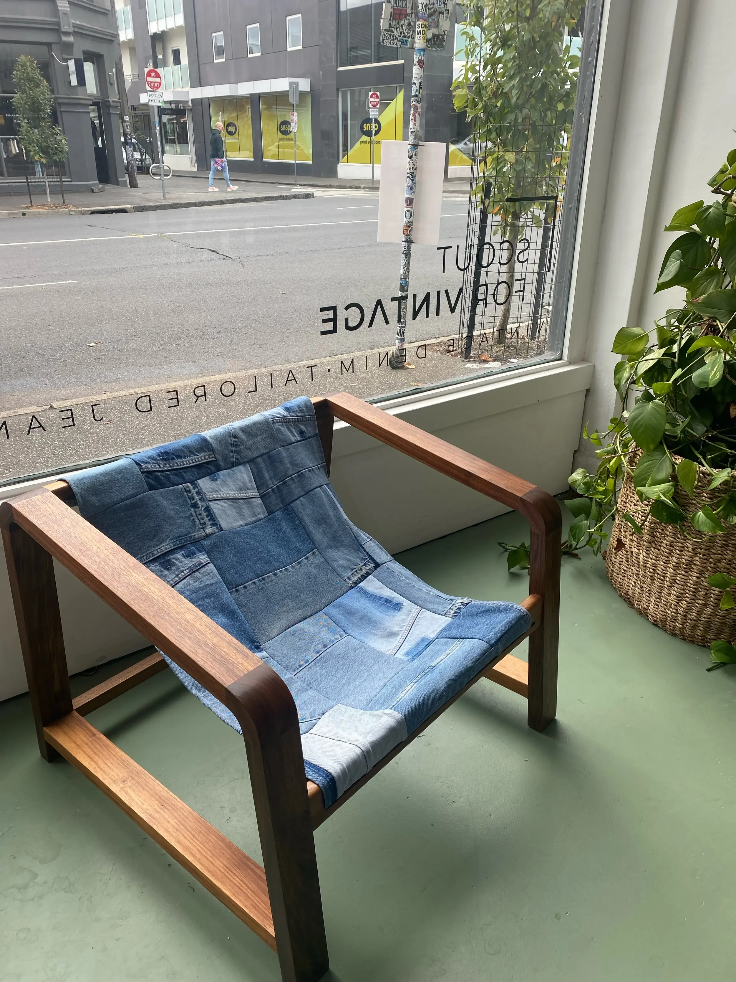 The Wrangler Chair original featuring rich Australian Blackwood with an upcycled blue denim sling. Designed and hand made by Georgie Wood. Denim sling made by Scout for Vintage and can be found in Scout for Vintage Fitzroy, Melbourne