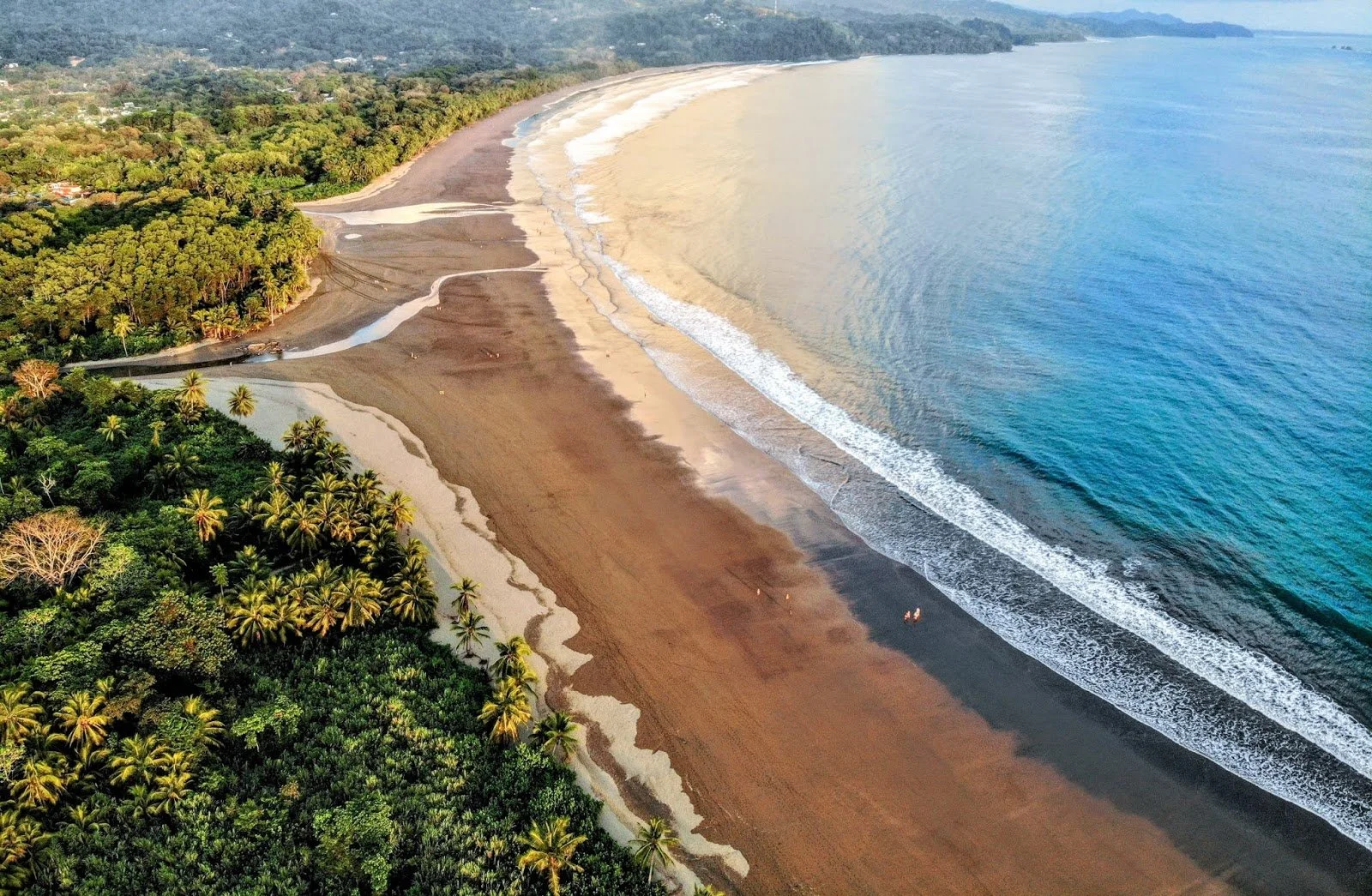 Aerial view of a tropical beach with dark sand, turquoise ocean waves, and lush green trees lining the shoreline.