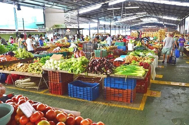 Indoor farmers market with tables of fresh vegetables and fruits, shoppers browsing, and a high roof structure.