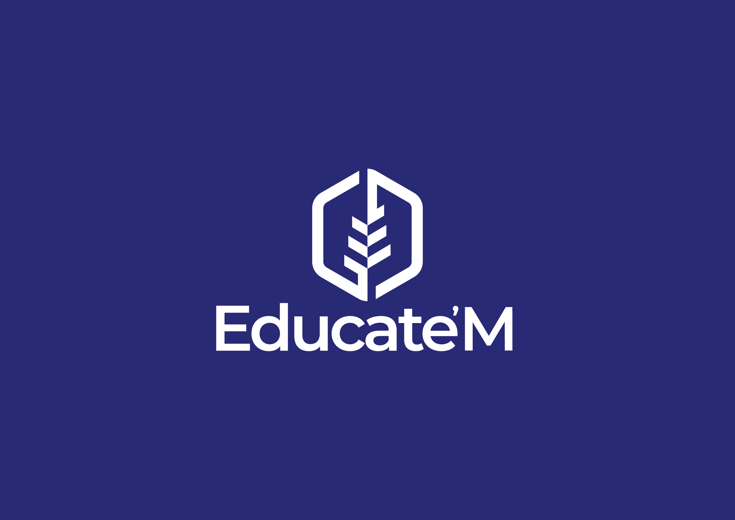 EducateM logo featuring a stylized tree emblem on a dark blue background.