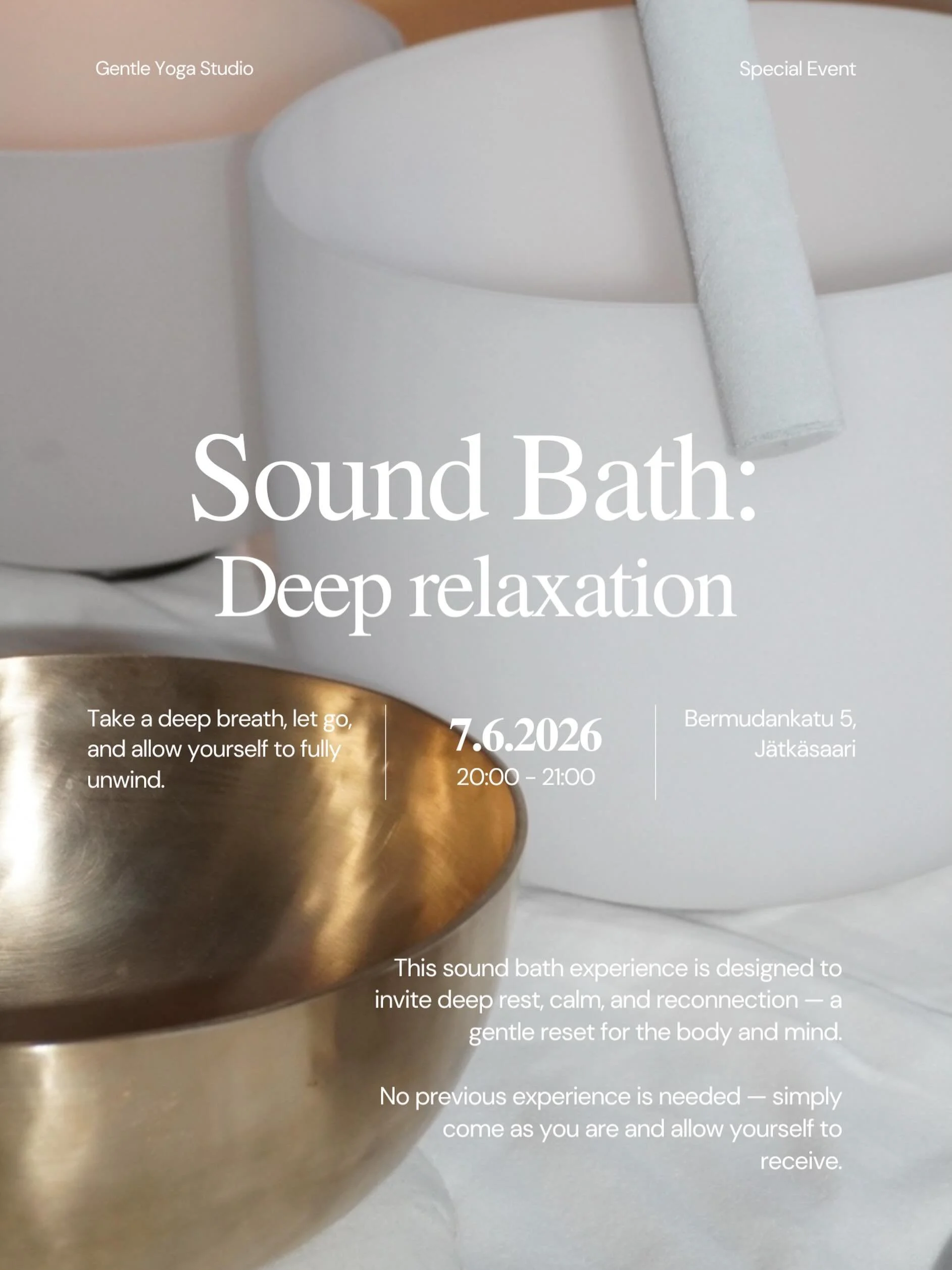 An evening of sound healing, deep rest, and relaxation 🌙

07.06.2026
20:00 - 21:00
Gentle Yoga Studio

Allow yourself to fully unwind and settle into deep relaxation during this 1-hour sound bath experience.

Using crystal singing bowls and other so