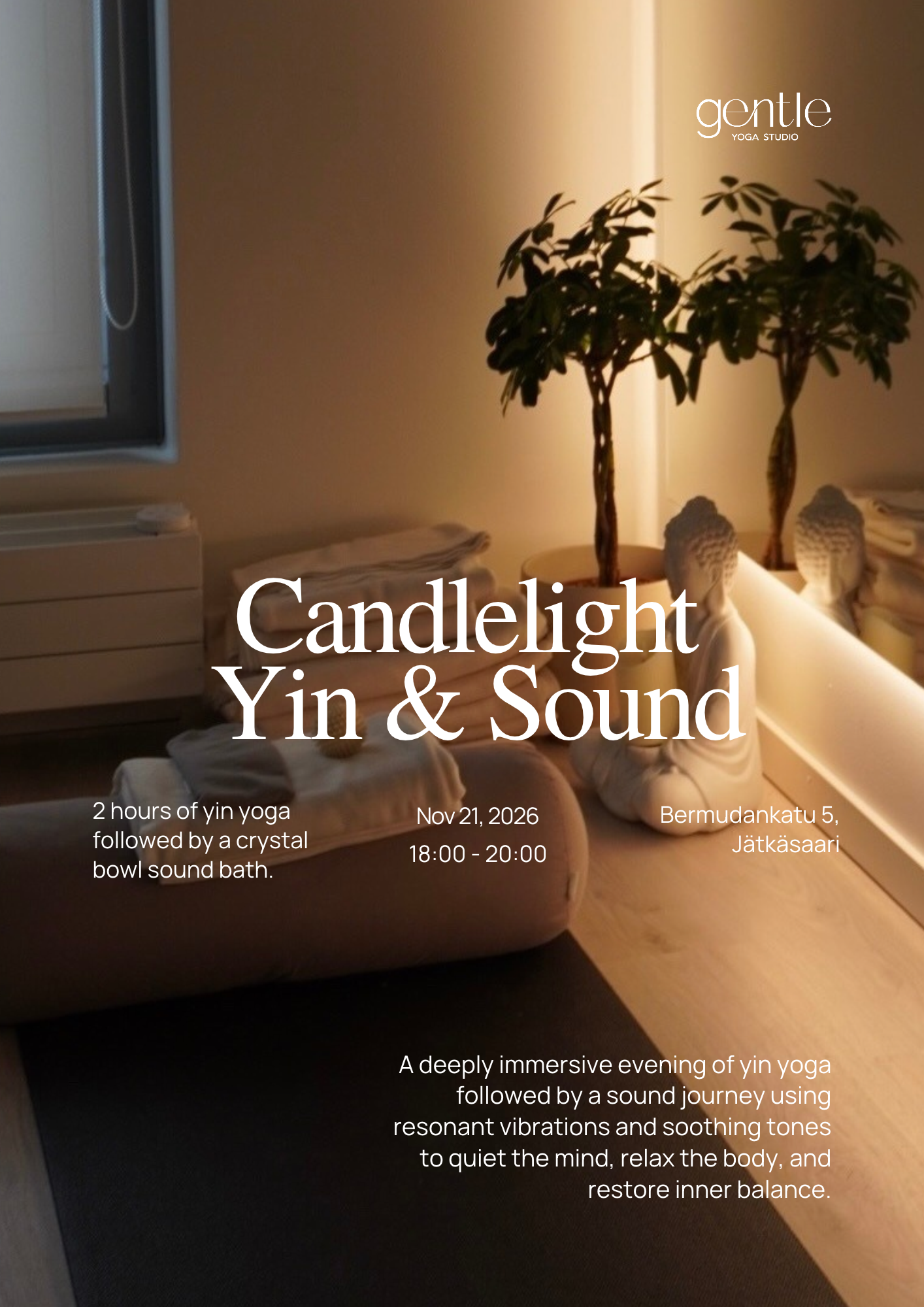 Candlelit Gentle Yoga Studio event flyer for Candlelight Yin & Sound, featuring bolsters, blankets, plants, and warm ambient lighting.