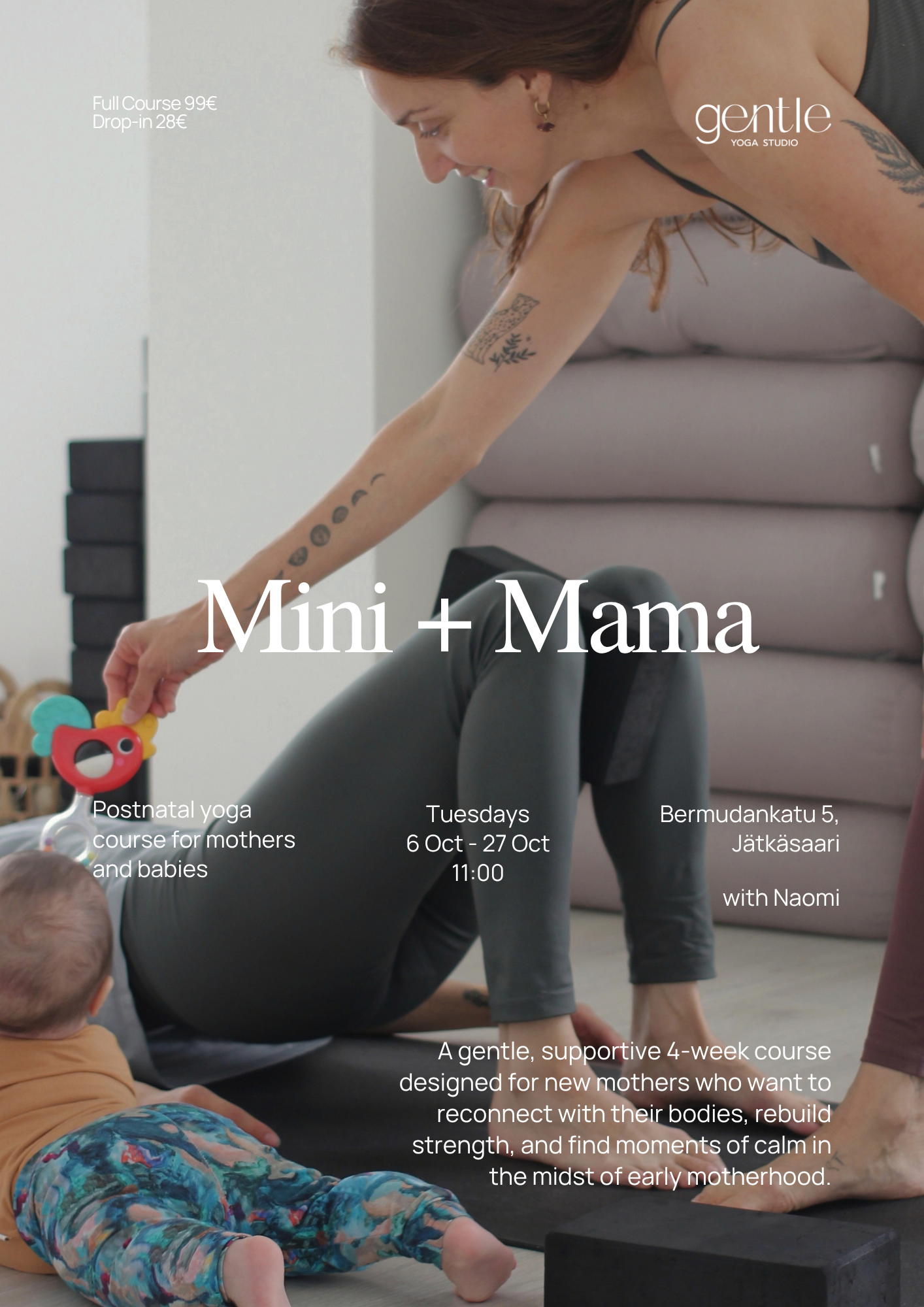 A cozy room with chairs, a window with blinds, a potted plant, and yoga mats on the floor, inviting for prenatal and postnatal yoga classes at Gentle Yoga Studio.