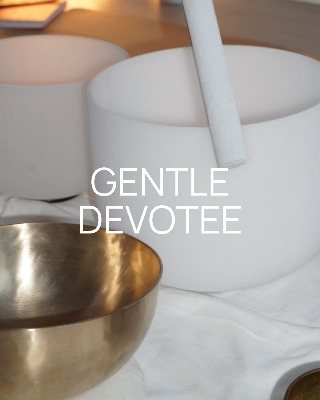 Close-up of white and gold bowls on a table with the text 'Gentle Devotee' overlayed.