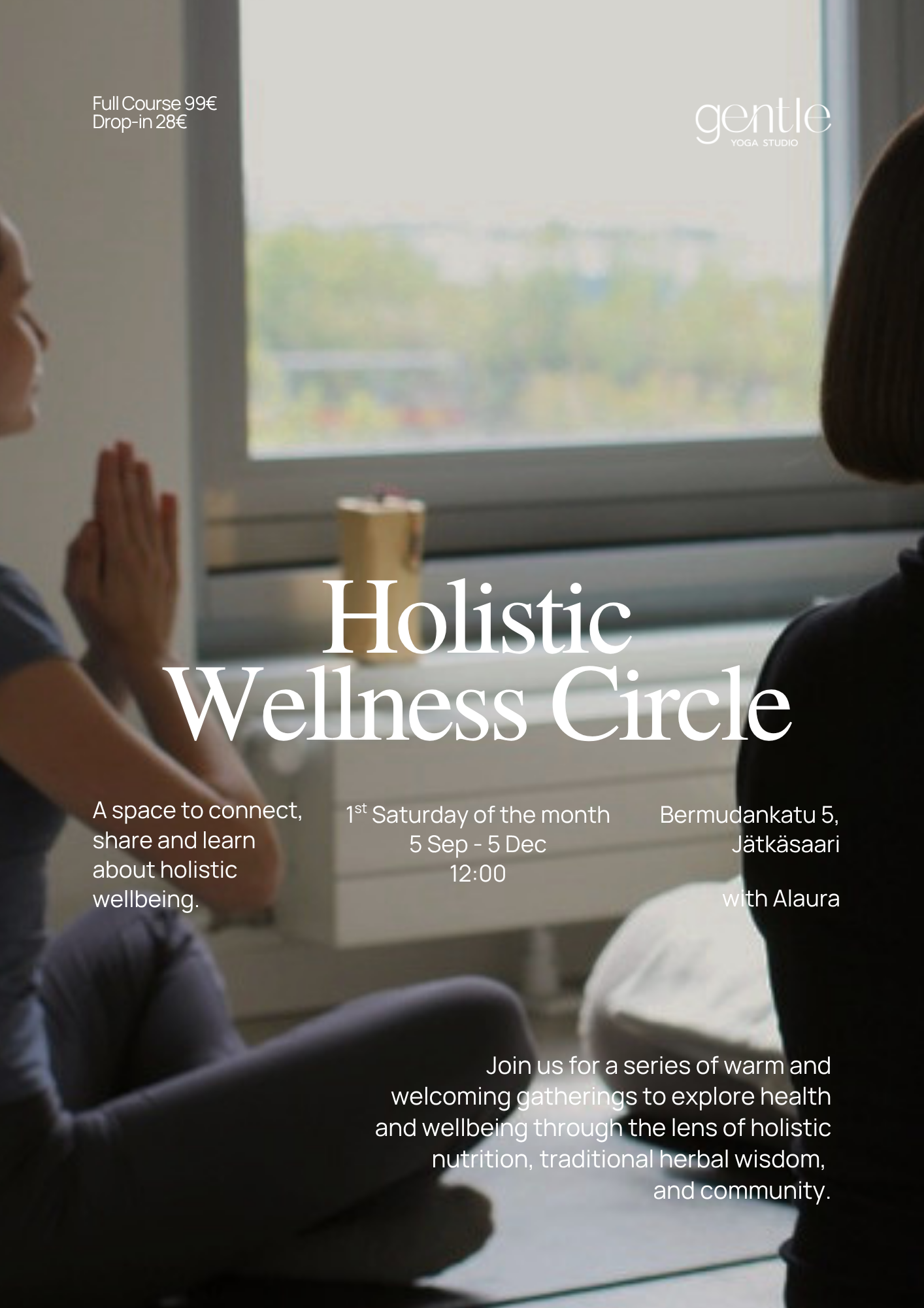 A woman holding a small white bowl with blue floral patterns, another person holding a matching bowl, and the text on the image promoting a holistic wellness circle event held on Saturdays at a location in Jätkäsaari, with details about the event and a call to join for wellness and community.