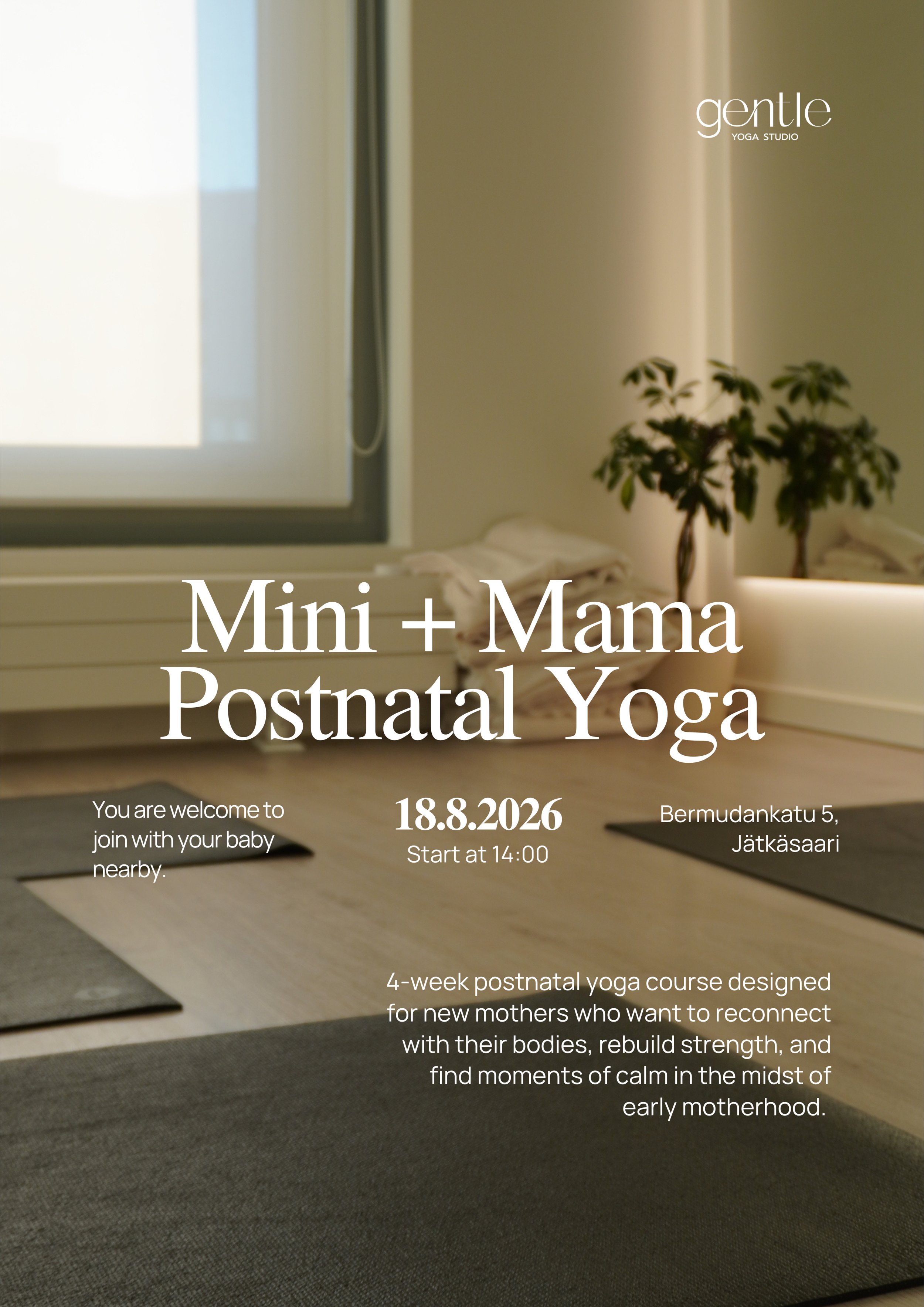 A cozy room with chairs, a window with blinds, a potted plant, and yoga mats on the floor, inviting for prenatal and postnatal yoga classes at Gentle Yoga Studio.