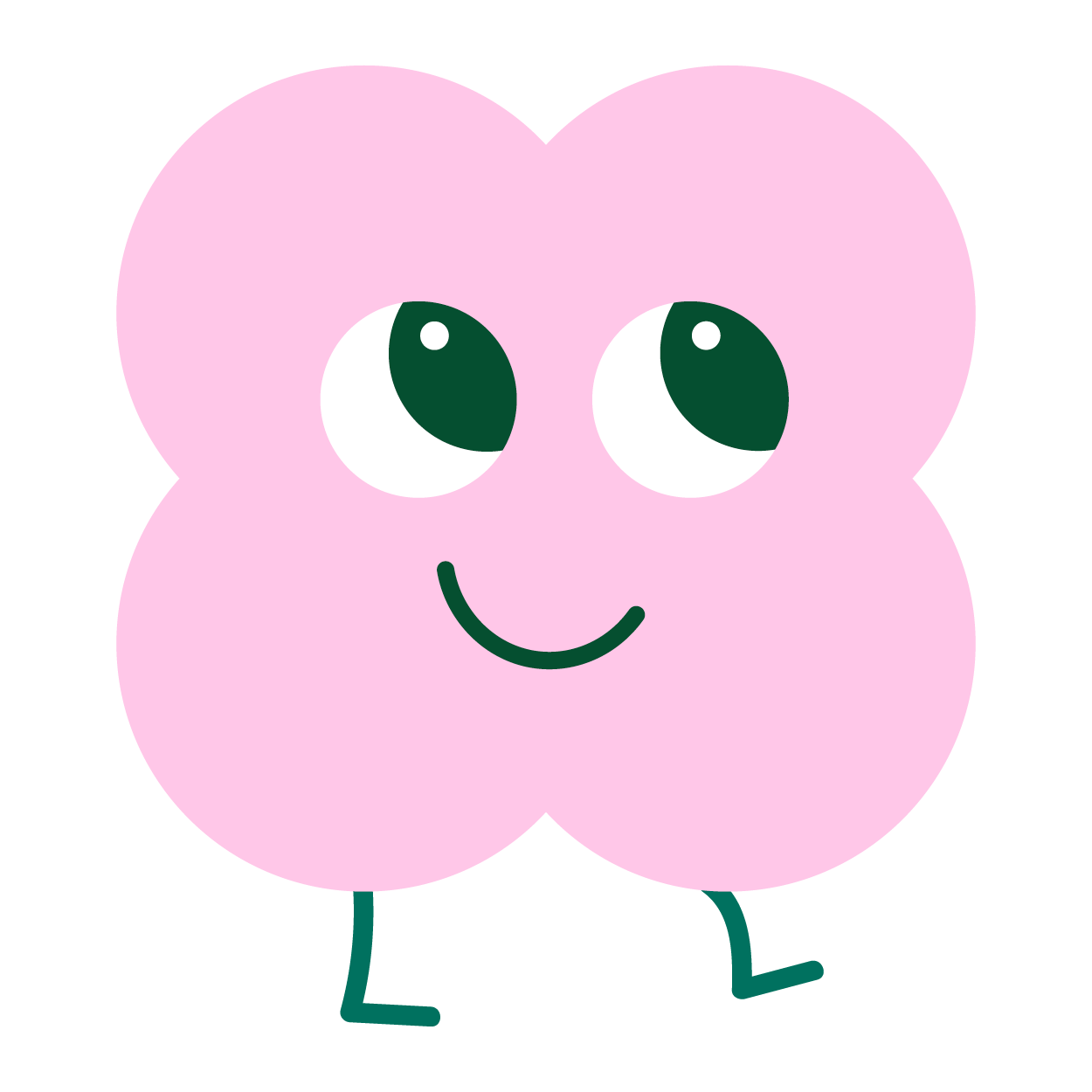A cartoon pink cotton candy character with large green eyes, a small smiling mouth, two tiny legs, and no arms.