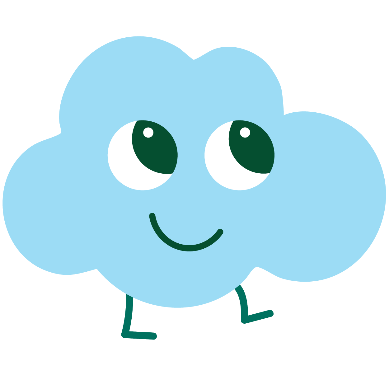 A cartoon illustration of a happy blue cloud with large green eyes, a small smile, and thin legs.