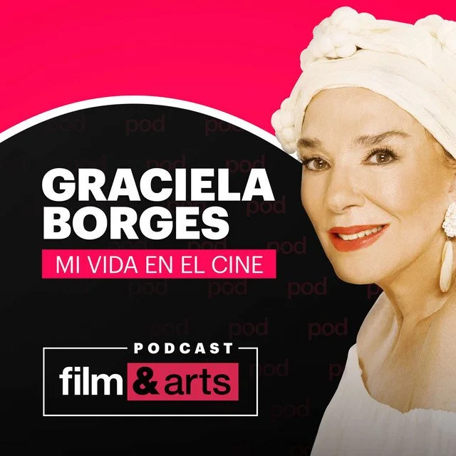 Promotional image of Graciela Borges for her podcast 'Mi Vida en el Cine' about film and arts, featuring her wearing a white headwrap and earrings, with a pink and black background.