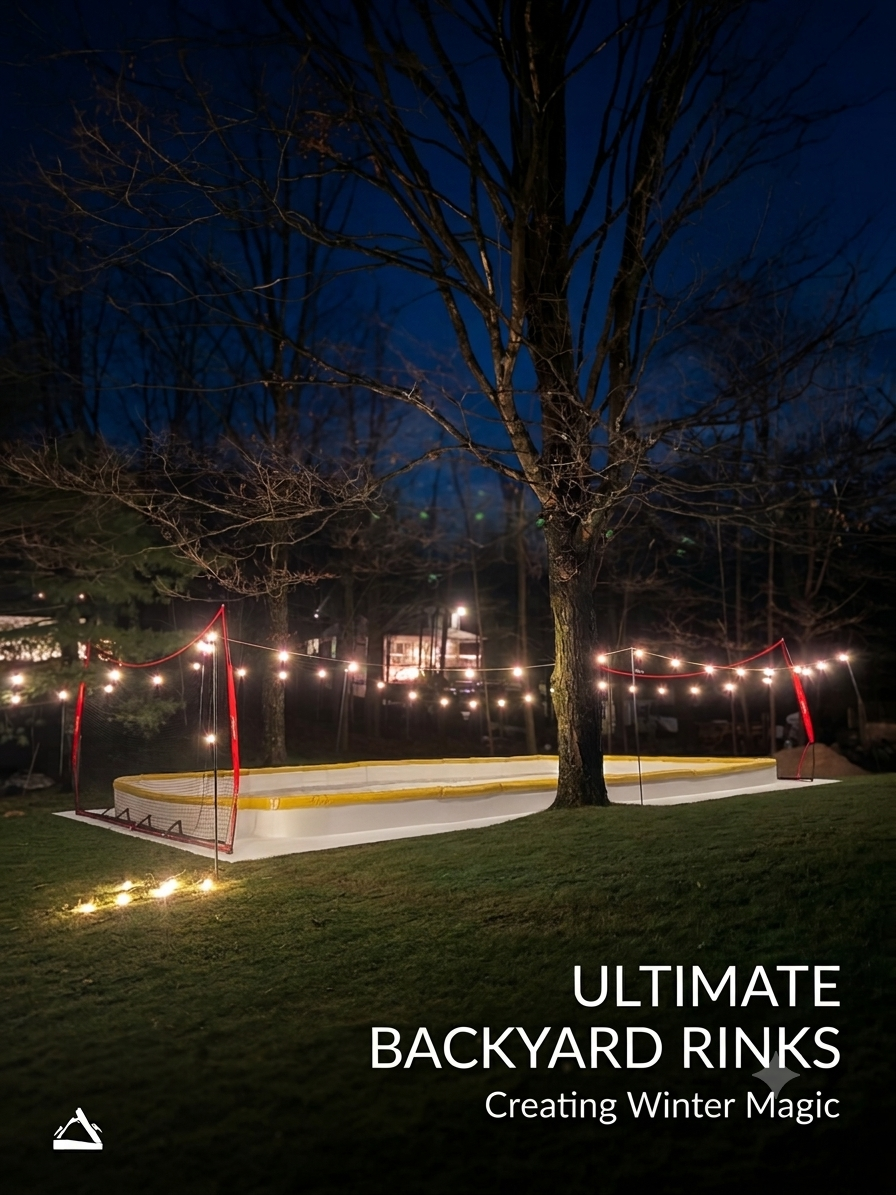 An outdoor backyard rink illuminated with string lights at night, surrounded by trees with no leaves and a house faintly visible in the background.