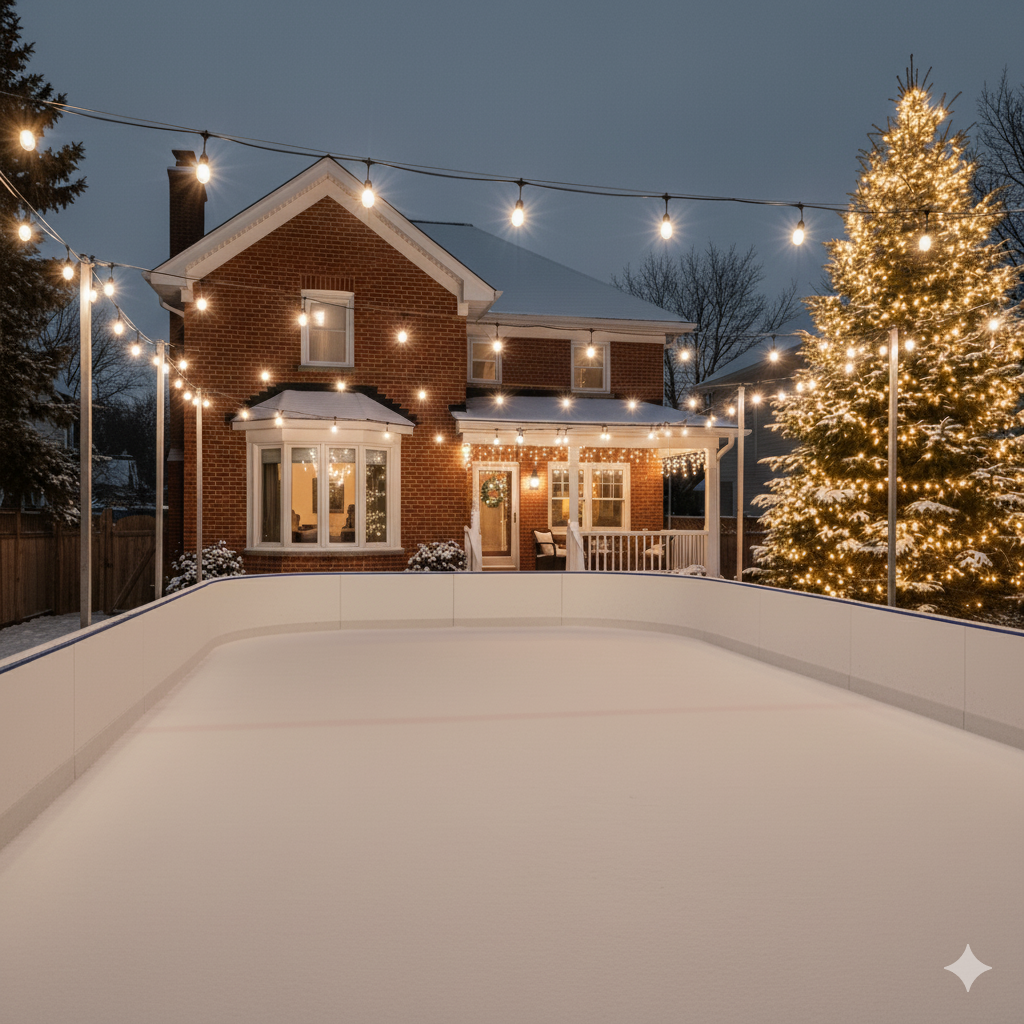An outdoor scene of a house decorated for Christmas with string lights and a lit Christmas tree, viewed from an ice skating rink.
