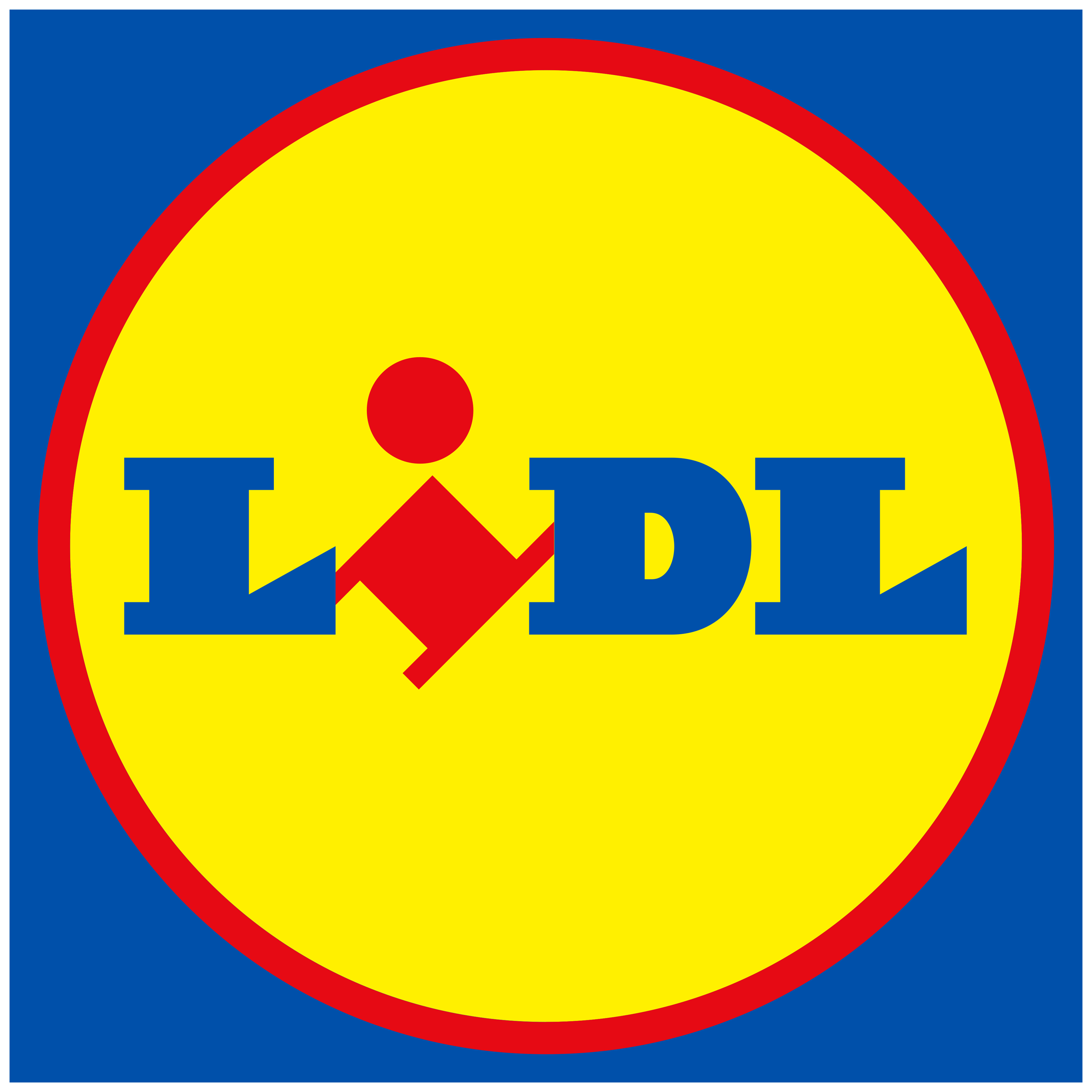 LIDL logo with yellow circle, blue text, red diamond shape, and red border on a blue background.