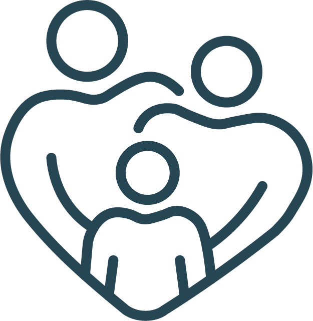 Line drawing of three people with their arms around each other forming a heart shape.