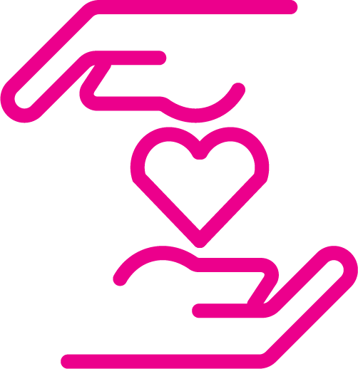 Line art illustration of a hand with a heart above an open palm, representing care or giving.