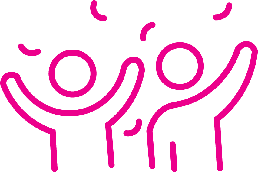 Line drawing of two smiling children with their arms raised, pink outlines on a black background.