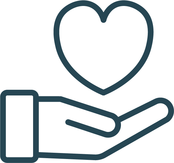 Outline of a hand with an open palm, holding a heart symbol above it.