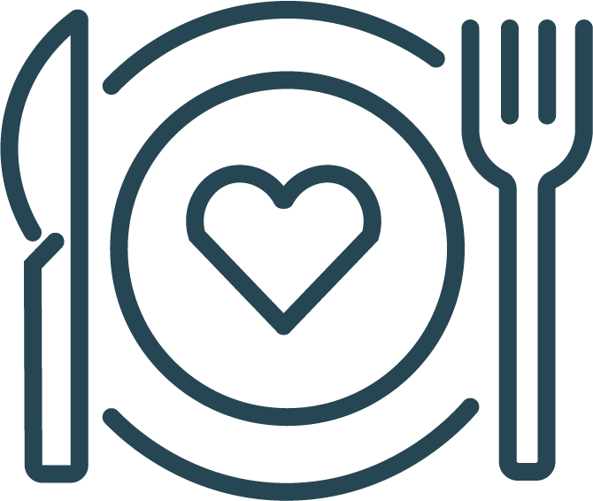 Outline of a plate with a heart in the center, a fork to the right, and a knife to the left, forming a simple dining or food-related icon.