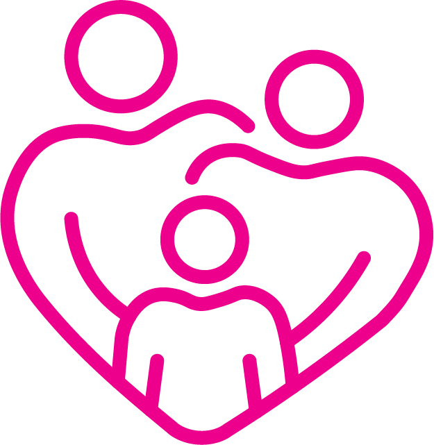 Outline drawing of a family with two adults and one child, enclosed in a heart shape, in pink on a black background.