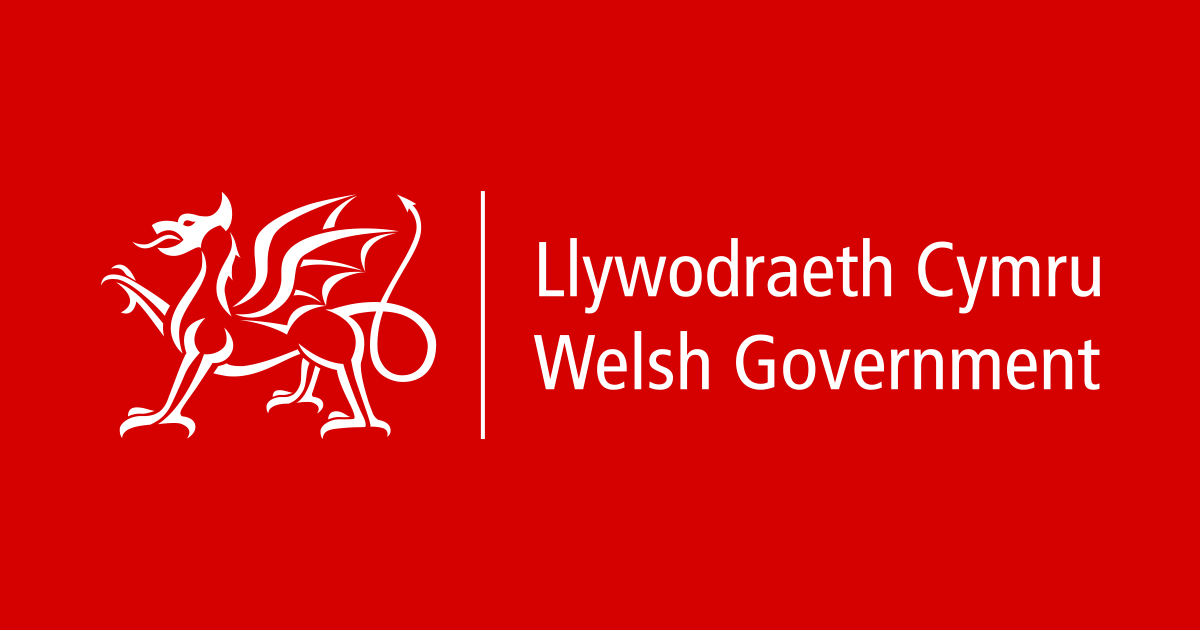 Welsh Government logo with a red background, featuring a white dragon and the text 'Llywodraeth Cymru Welsh Government'