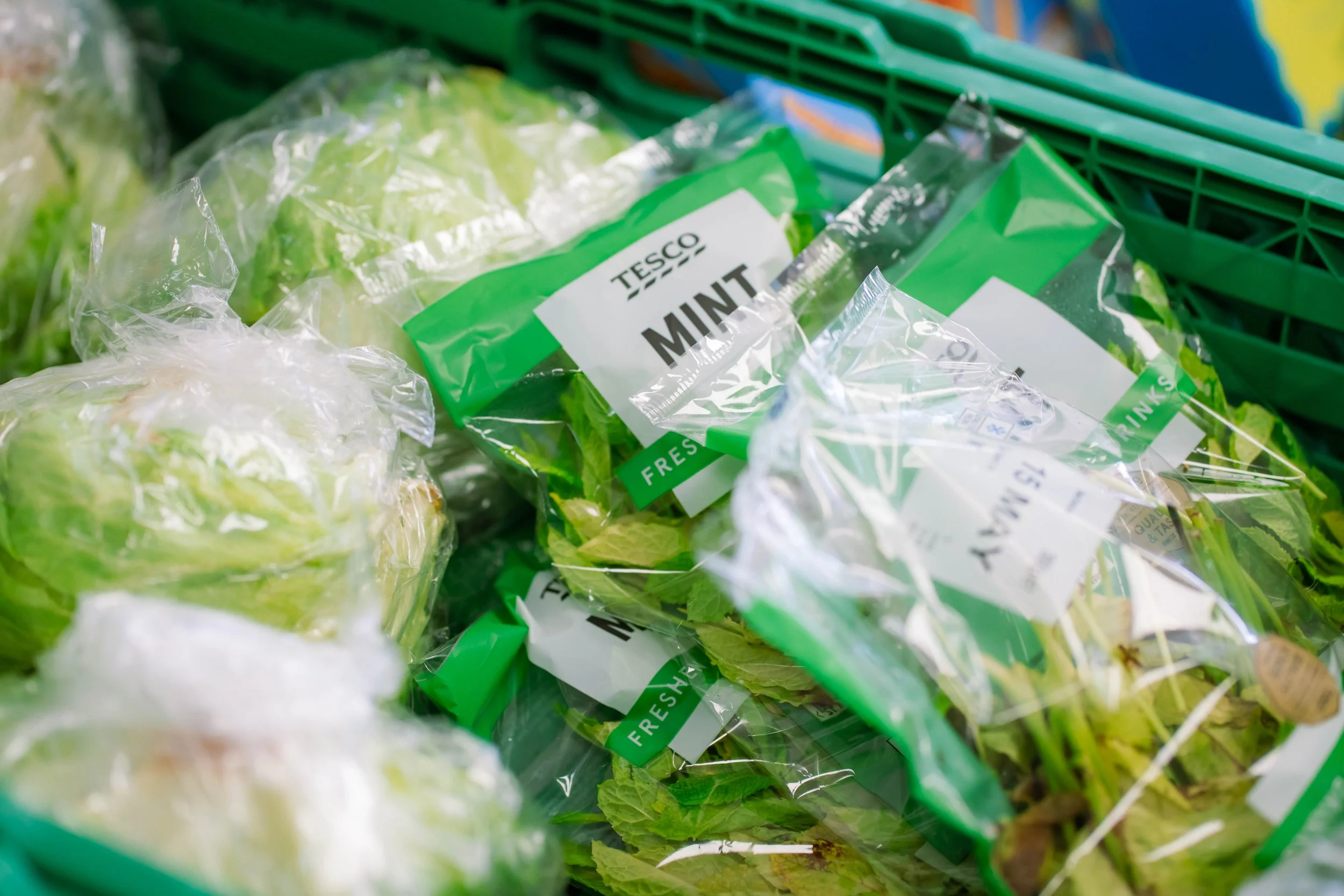 Fresh green lettuce and mint leaves packaged in plastic bags in a supermarket produce section.