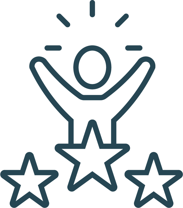 Outline of a person with raised arms surrounded by three stars and lines radiating outward, representing celebration or achievement.