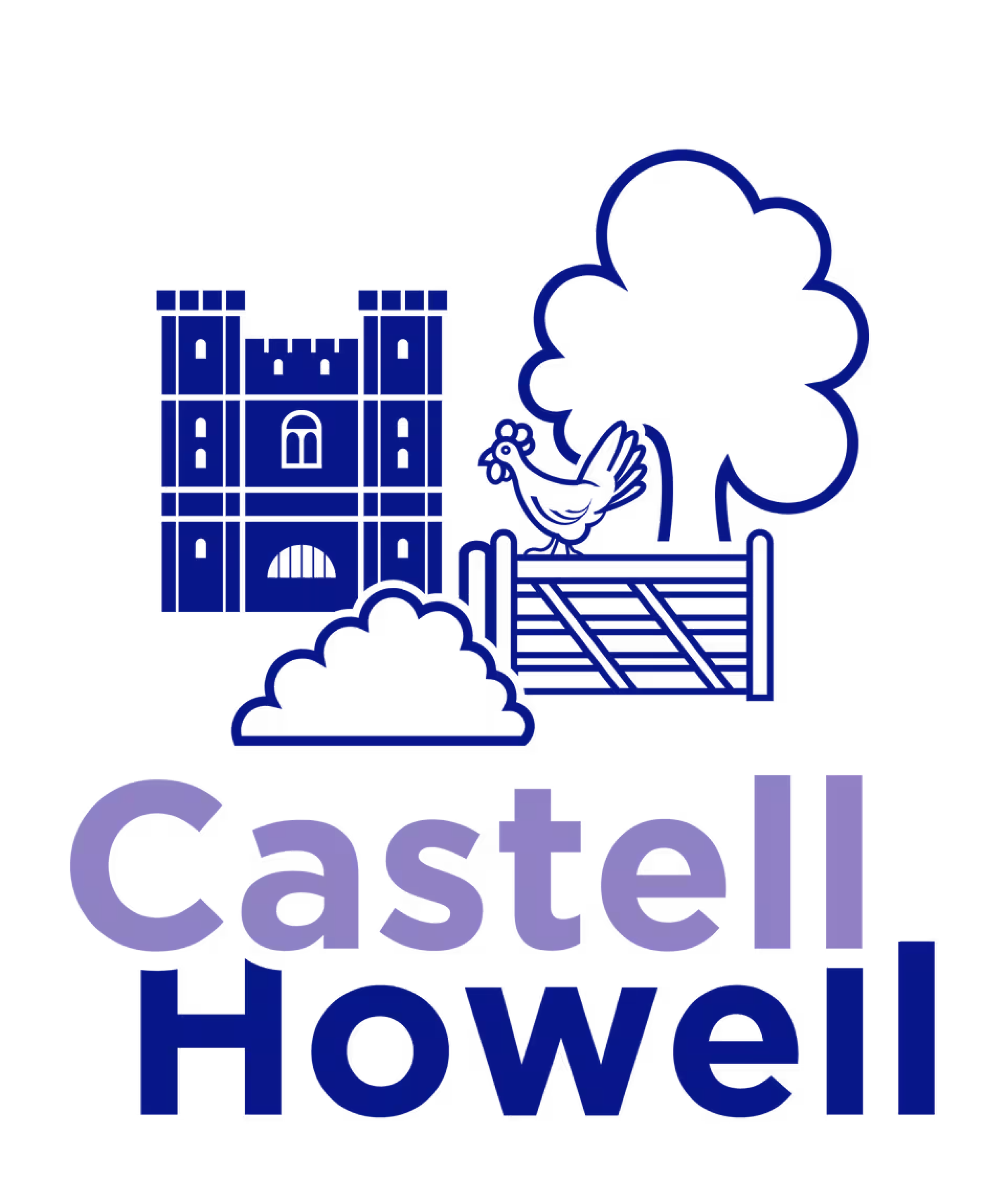 Logo with a medieval castle, a knight helmet, a tree, and a castle tower, with the words "Castell Howell" in purple and blue text.