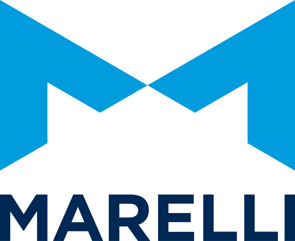 Marelli logo featuring a stylized blue and black geometric 'M' with the company name below.