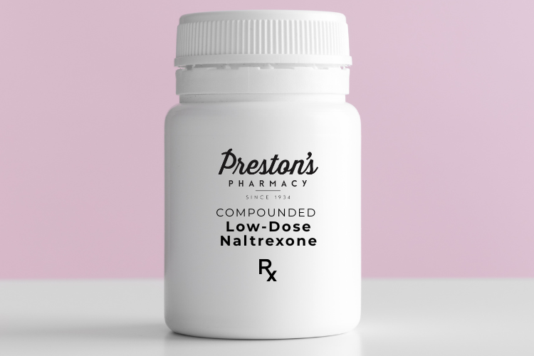 White Preston's Pharmacy bottle labeled compounded low-dose naltrexone