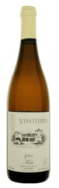 A bottle of Vinoterra wine with a beige label and a drawing of a building. The label includes the name "Vinoterra" and other text details.
