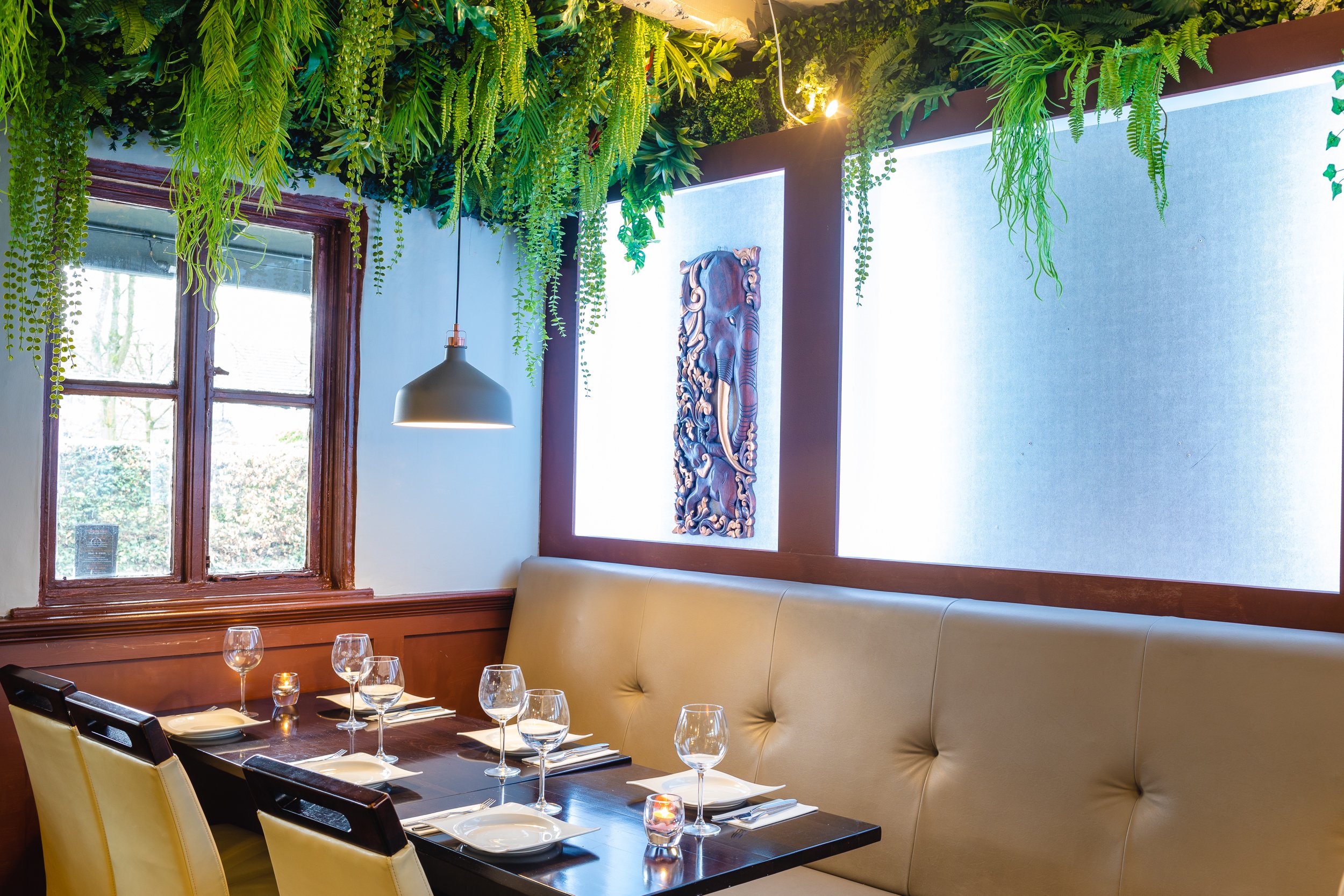 Restaurant table set with six wine glasses, plates, and napkins, against a window with wooden trim and a beige cushioned bench, with lush green hanging plants and an elephant-themed wall art piece in the background.