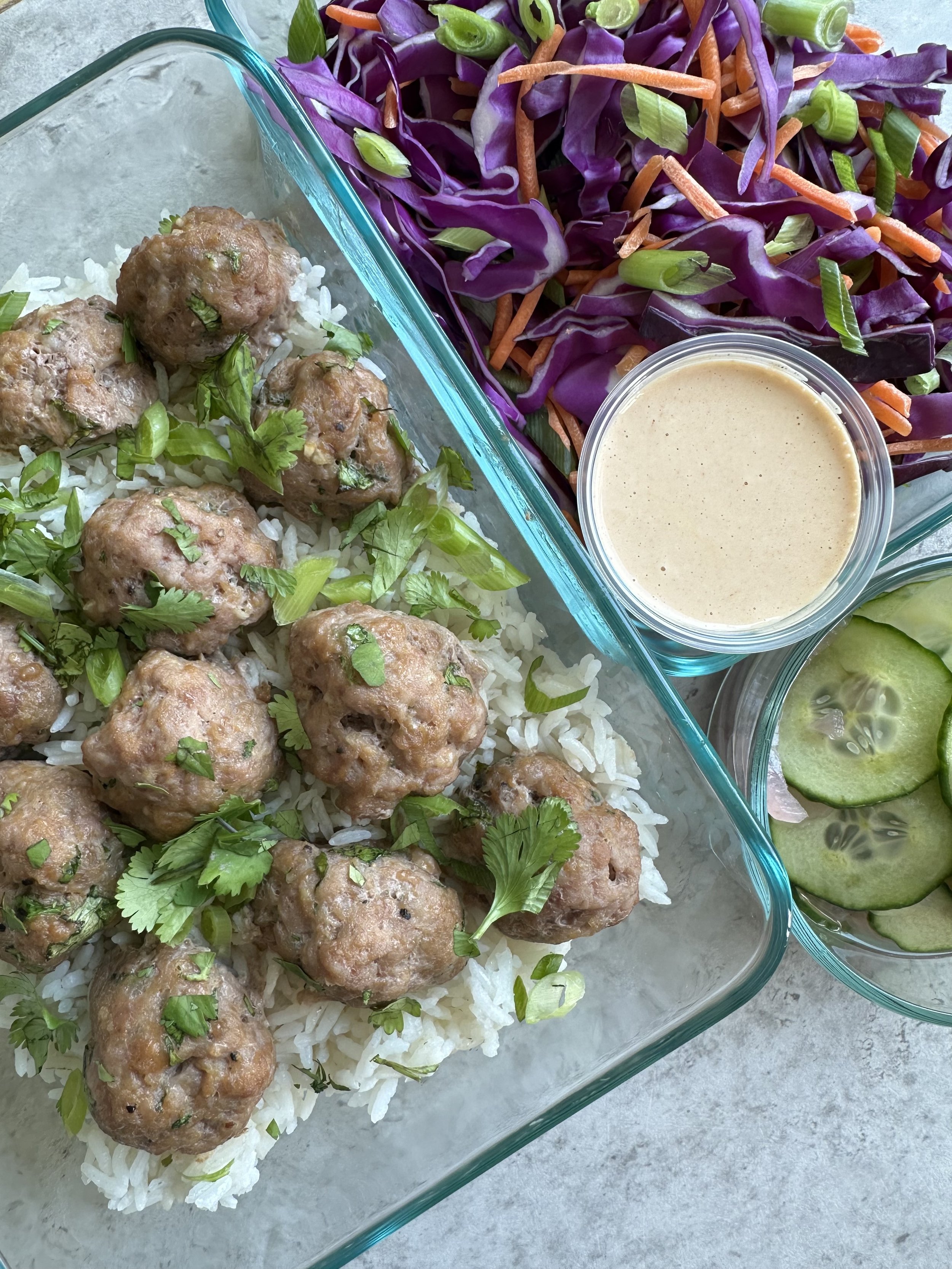 Bahn Mi Inspired Meatballs with Sriracha Drizzle + Sesame Slaw