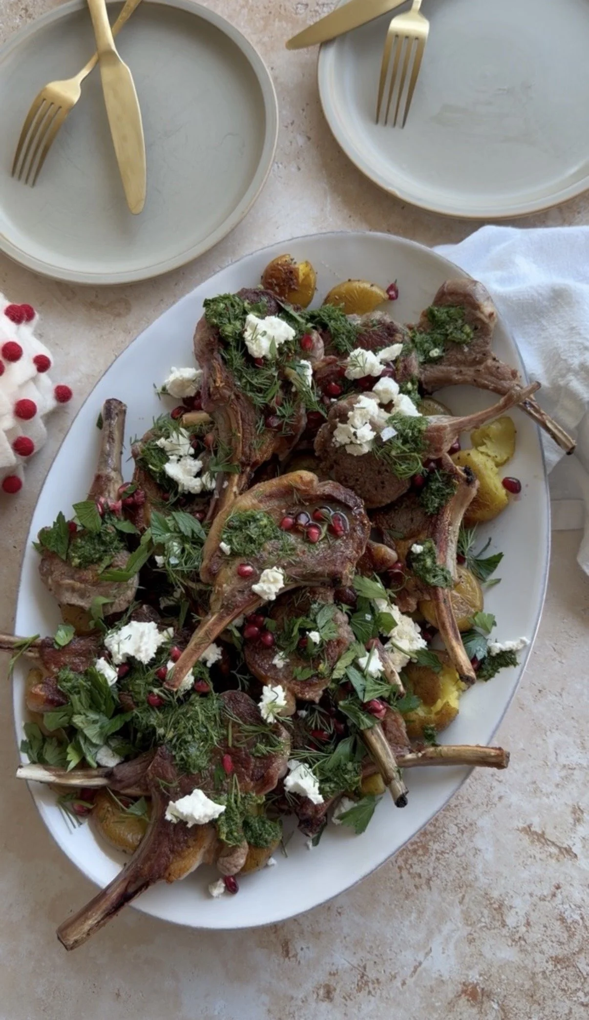Lamb Chops with Mint Dill Chimichurri + Feta Smashed Potatoes